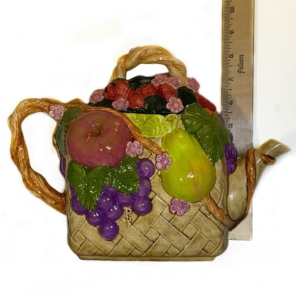 Vintage Large Hand Crafted Teapot Fruit Lattice Basket Artisanal Ceramic 1994 - Picture 7 of 15
